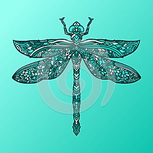 Blue dragonfly in mandala style. Stylized insect. Zentagle doodle vector illustration. Ethnic pattern.