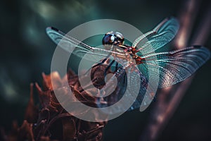 a blue dragonfly sitting on top of a flower stem