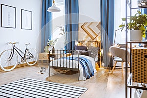 Blue drapes in cozy bedroom