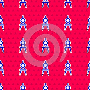 Blue Drawing compass icon isolated seamless pattern on red background. Compasses sign. Drawing and educational tools