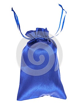 Blue drawstring bag packaging isolated