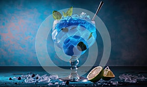 a blue drink with ice and mint garnishes