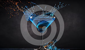 a blue drink with a splash of water on the rim