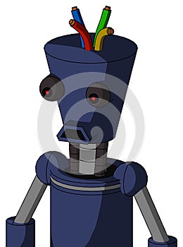 Blue Droid With Cylinder-Conic Head And Sad Mouth And Red Eyed And Wire Hair