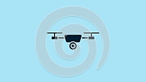 Blue Drone flying with action video camera icon isolated on blue background. Quadrocopter with video and photo camera