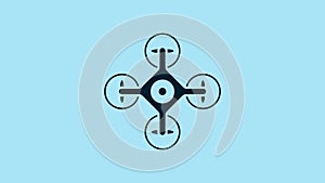 Blue Drone flying with action video camera icon isolated on blue background. Quadrocopter with video and photo camera