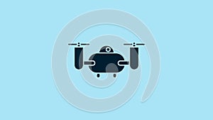 Blue Drone flying with action video camera icon isolated on blue background. Quadrocopter with video and photo camera