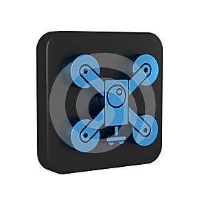 Blue Drone flying with action video camera icon isolated on transparent background. Quadrocopter with video and photo