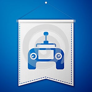 Blue Drone radio remote control transmitter icon isolated on blue background. White pennant template. Vector