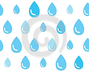 Blue drops of water on white background, seamless pattern. Drops as symbol of rain. Heavy rain. Vector background