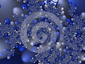 Blue silver drops winter bubbles cosmic diamond shapes futuristic surreal galaxy fractal, lights, abstract background, graphics