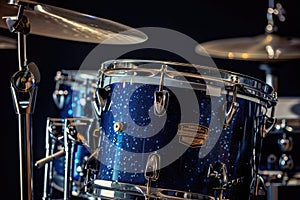 Blue drum set closeup on black background. Musical drum kit in studio. AI Generated