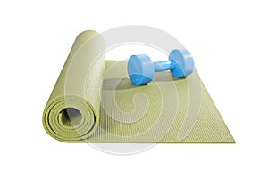 Blue dumbbell and green yoga mat isolated on white background, fitness healthy and sport concept