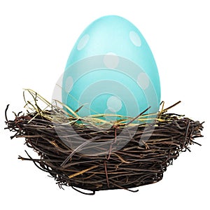 Blue big easter egg in a bird nest on white