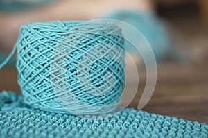 Blue dyed rope for crochet. Rope weaving crafts