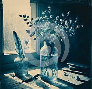Blue décor with dried flowers, vases, extrude fabrics against the wall with a frame