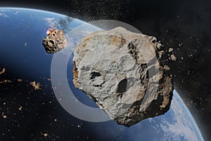 Blue Earth and asteroids in the space. View of planet Earth from space. Elements of this image furnished by NASA, 3d animation