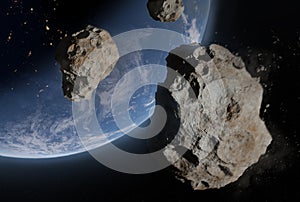 Blue Earth and asteroids in the space. View of planet Earth from space,