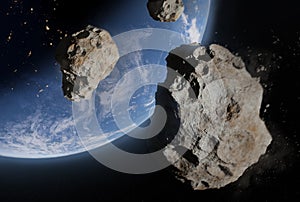 Blue Earth and asteroids in the space. View of planet Earth from space.