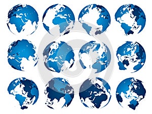 Blue earth globe. Globes sphere silhouette, europe asia and america maps. Earth map isolated 3D vector set