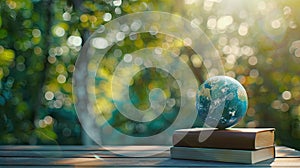 a blue earth globe placed on a wooden table surrounded by books, against a lush forest background illuminated by