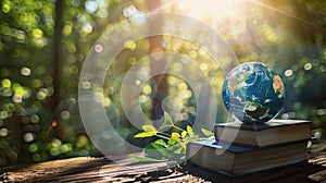 a blue earth globe placed on a wooden table surrounded by books, against a lush forest background illuminated by