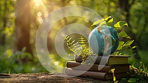 a blue earth globe placed on a wooden table surrounded by books, against a lush forest background illuminated by