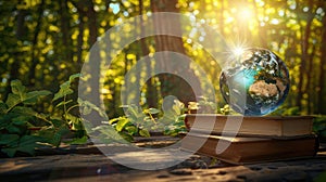 a blue earth globe placed on a wooden table surrounded by books, against a lush forest background illuminated by