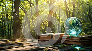 a blue earth globe placed on a wooden table surrounded by books, against a lush forest background illuminated by