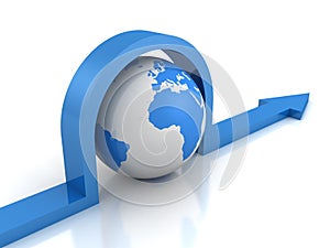 Blue Earth globe sphere with arrow