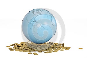 Blue earth and gold coins global finance concept.3D illustratio