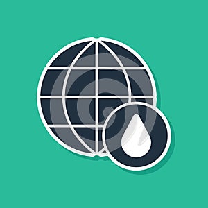 Blue Earth planet in water drop icon isolated on green background. World globe. Saving water and world environmental