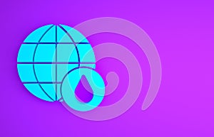 Blue Earth planet in water drop icon isolated on purple background. World globe. Saving water and world environmental
