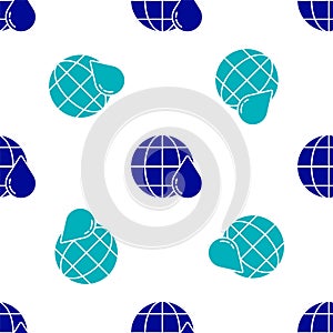 Blue Earth planet in water drop icon isolated seamless pattern on white background. World globe. Saving water and world