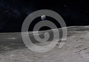 Blue Earth seen from the Moon. 3D illustration