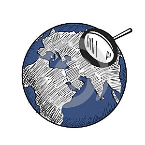 Blue earth with white continents world map and magnifying glass. Hand drawn illustration