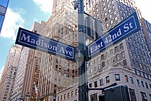 Blue East 42nd Street and Madison Avenue historic sign in midtown Manhattan