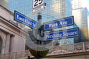 Blue East 42nd Street and Park Ave historic sign  Pershing Square  in midtown Manhattan