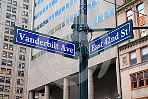 Blue East 42nd Street and Vanderbilt Avenue historic sign in midtown Manhattan