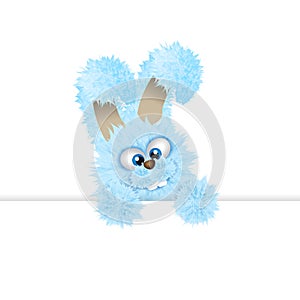 Blue Easter bunny is peeping out. Fluffy rabbit. Vector illustration with copyspace.