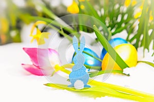 Blue easter bunny, tulip and eggs in the snow