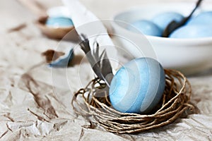 Blue easter egg in a twine nest. Rustic.