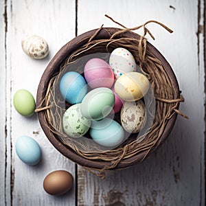 Blue easter eggs basket in beautiful style on white background. Spring floral pattern. White background. Traditional