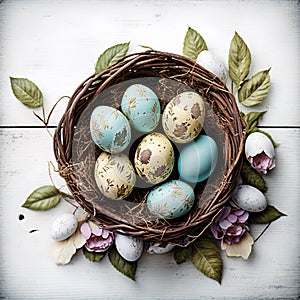 Blue easter eggs basket in beautiful style on white background. Spring floral pattern. White background. Traditional