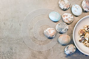 blue easter eggs on concrete. Happy Easter card: marble stone effect painted. top view, flat lay