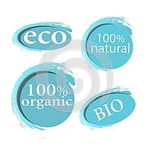 Blue eco, bio and organic labels and stickers isolated on a white background. Vector
