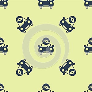 Blue Eco car concept drive with leaf icon isolated seamless pattern on yellow background. Green energy car symbol