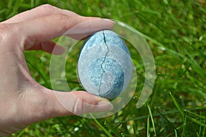 Blue egg, painted in tea hibiscus, holding female open palm on a background of grass, similar to dragon eggs and marble