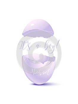 Blue eggshell with It`s a boy text. Vector retro greeting newborn postcard element.