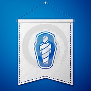 Blue Egypt mummy in sarcophagus icon isolated on blue background. White pennant template. Vector